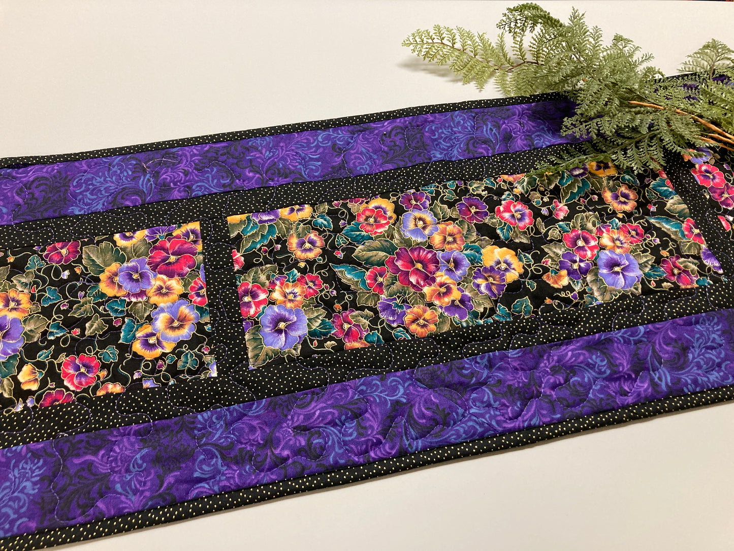 Summer Pansy Bouquet Quilted Dining Table Runner, Reversible 13x58" Coffee End Table Dresser Mat, Pansies Pink Yellow Blue Garden Nature
