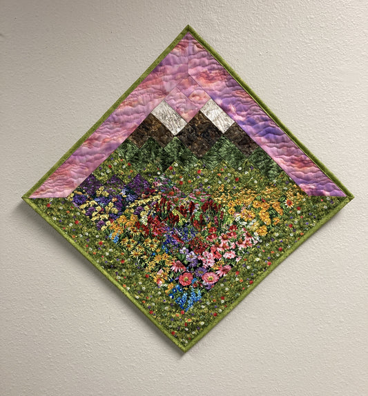 Art Quilt, Sunset Mountain Wildflower Meadow Fabric Wall Hanging, Landscape Tapestry Wall Art, Bedroom Living Room 29x29" Original Artwork