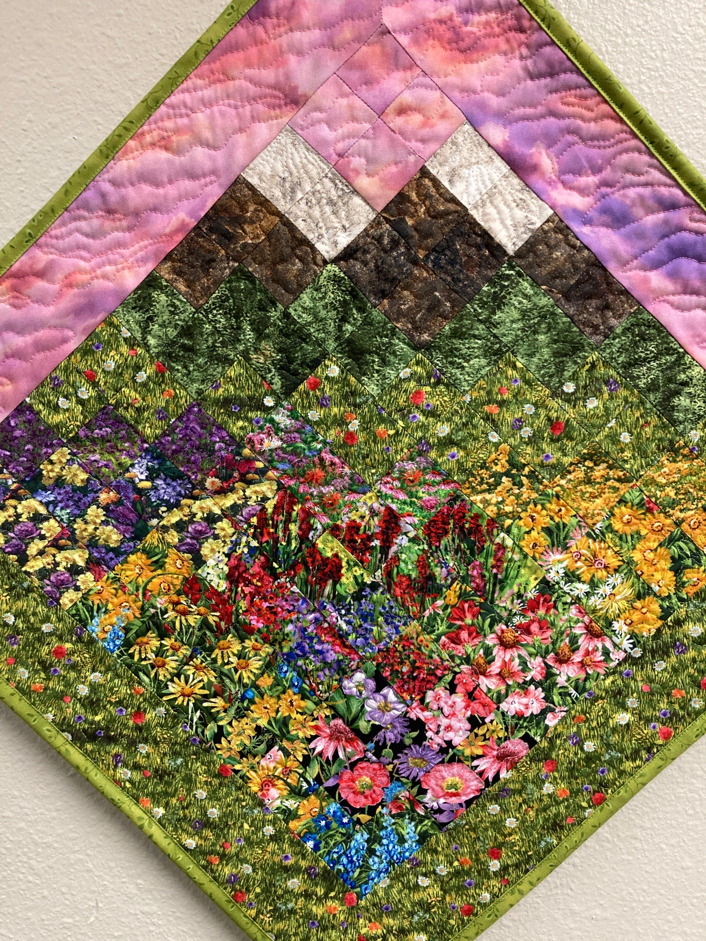 Art Quilt, Sunset Mountain Wildflower Meadow Fabric Wall Hanging, Landscape Tapestry Wall Art, Bedroom Living Room 29x29" Original Artwork