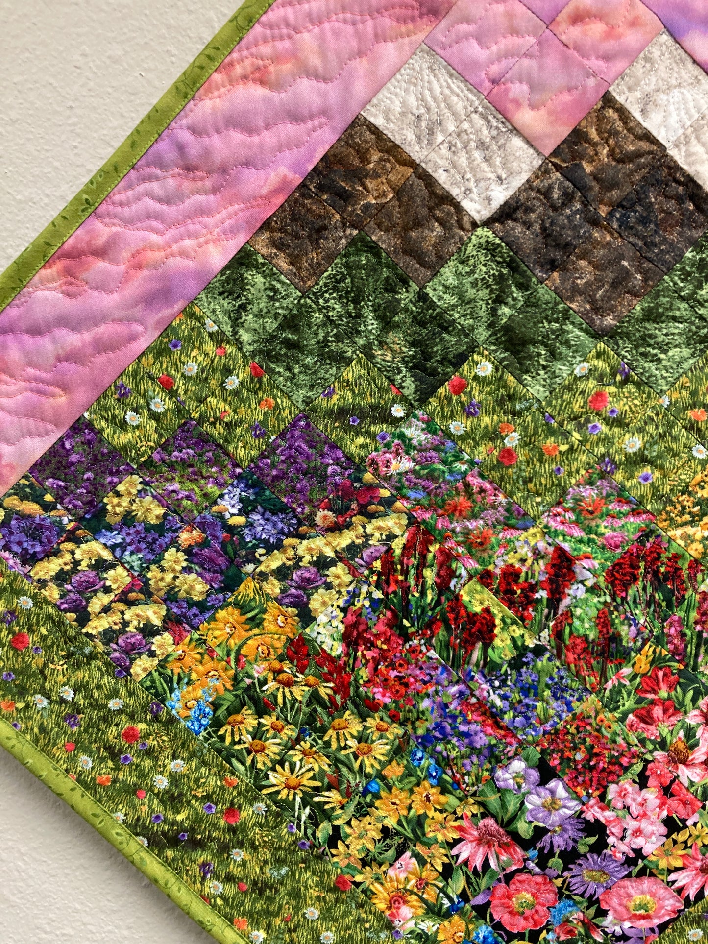 Art Quilt, Sunset Mountain Wildflower Meadow Fabric Wall Hanging, Landscape Tapestry Wall Art, Bedroom Living Room 29x29" Original Artwork