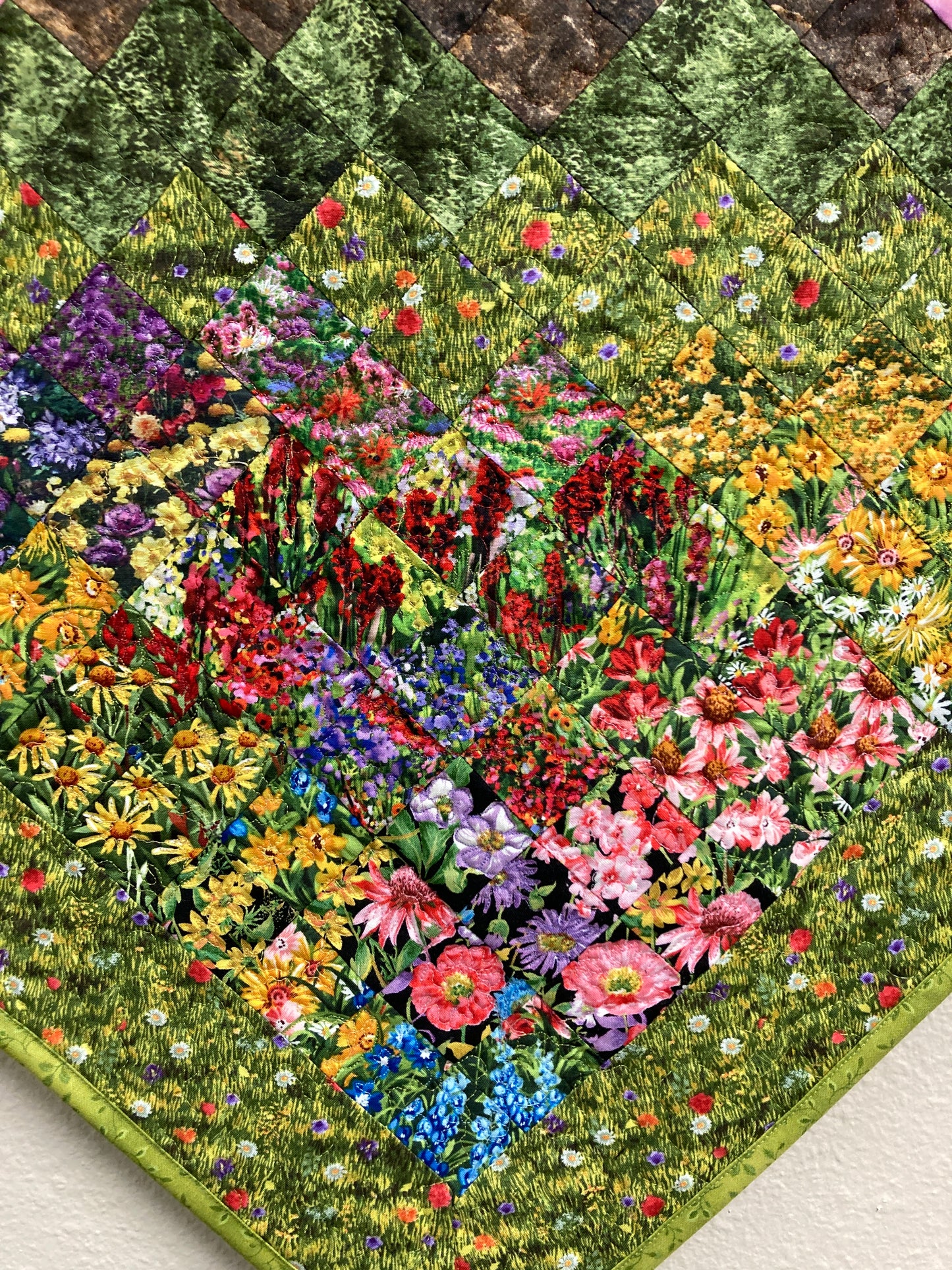 Art Quilt, Sunset Mountain Wildflower Meadow Fabric Wall Hanging, Landscape Tapestry Wall Art, Bedroom Living Room 29x29" Original Artwork
