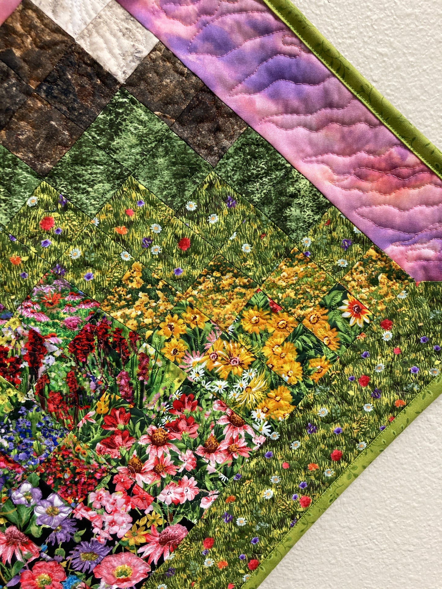 Art Quilt, Sunset Mountain Wildflower Meadow Fabric Wall Hanging, Landscape Tapestry Wall Art, Bedroom Living Room 29x29" Original Artwork