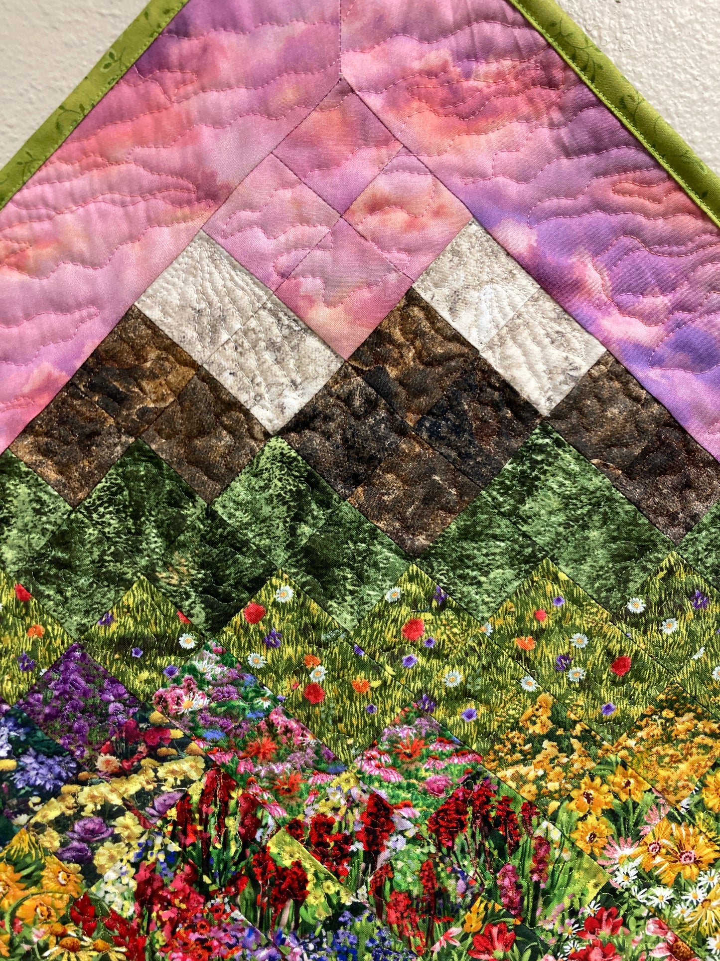 Art Quilt, Sunset Mountain Wildflower Meadow Fabric Wall Hanging, Landscape Tapestry Wall Art, Bedroom Living Room 29x29" Original Artwork