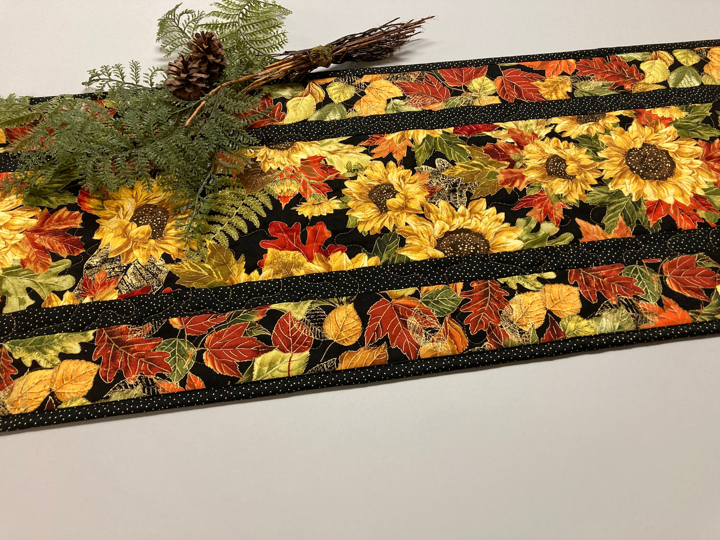 Fall Sunflowers Autumn Leaves Quilted Table Runner, 13x48" Reversible Leaves, Woodland Forest Orange Red Green Dining Coffee End Table