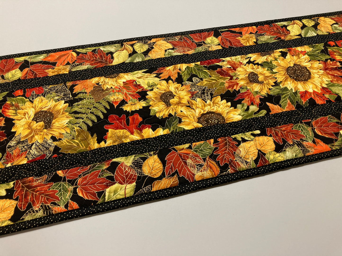Fall Sunflowers Autumn Leaves Quilted Table Runner, 13x48" Reversible Leaves, Woodland Forest Orange Red Green Dining Coffee End Table