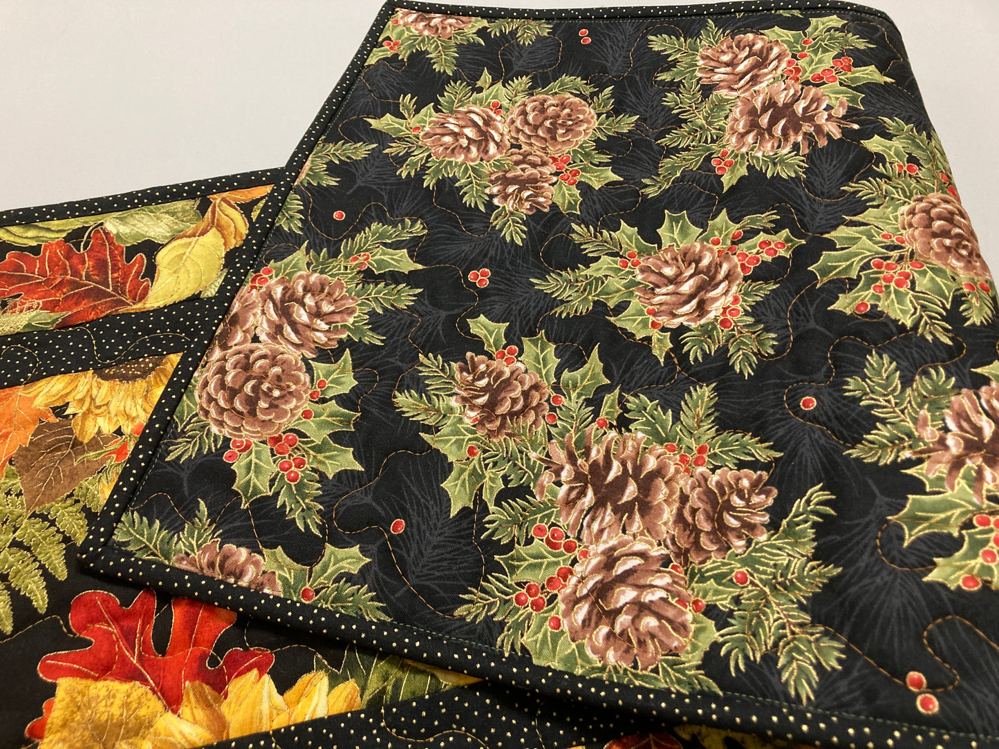 Fall Sunflowers Autumn Leaves Quilted Table Runner, 13x48" Reversible Leaves, Woodland Forest Orange Red Green Dining Coffee End Table