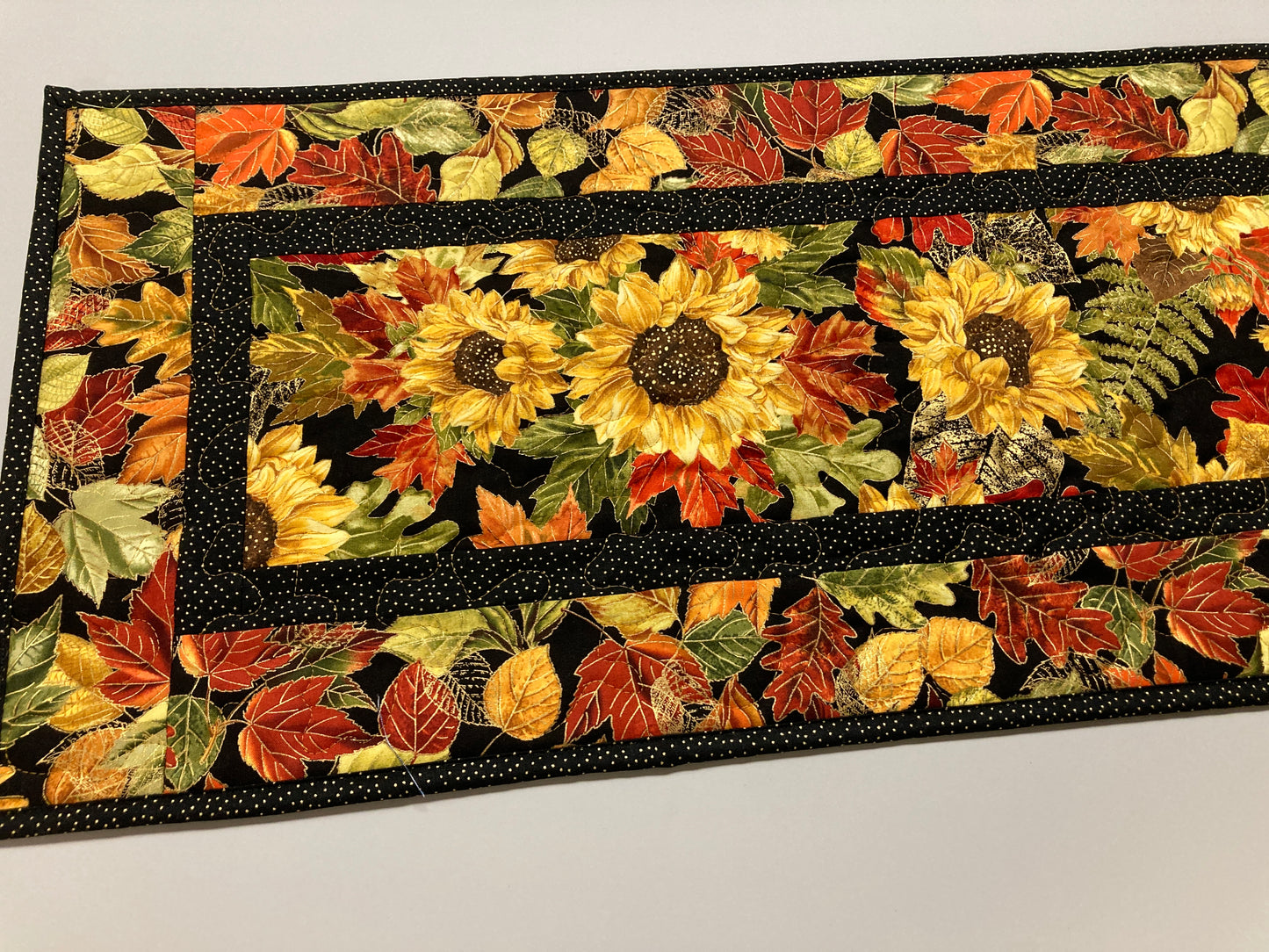 Fall Sunflowers Autumn Leaves Quilted Table Runner, 13x48" Reversible Leaves, Woodland Forest Orange Red Green Dining Coffee End Table