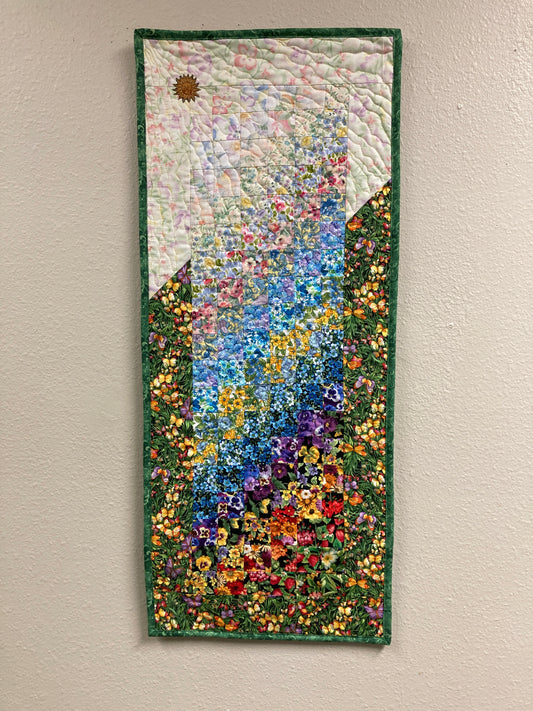 Art Quilt, Summer Flowers Sunny Garden Fabric Wall Hanging 14.5x34” Bedroom Living Room, Watercolor Tapestry, Vertical Quilted Handmade
