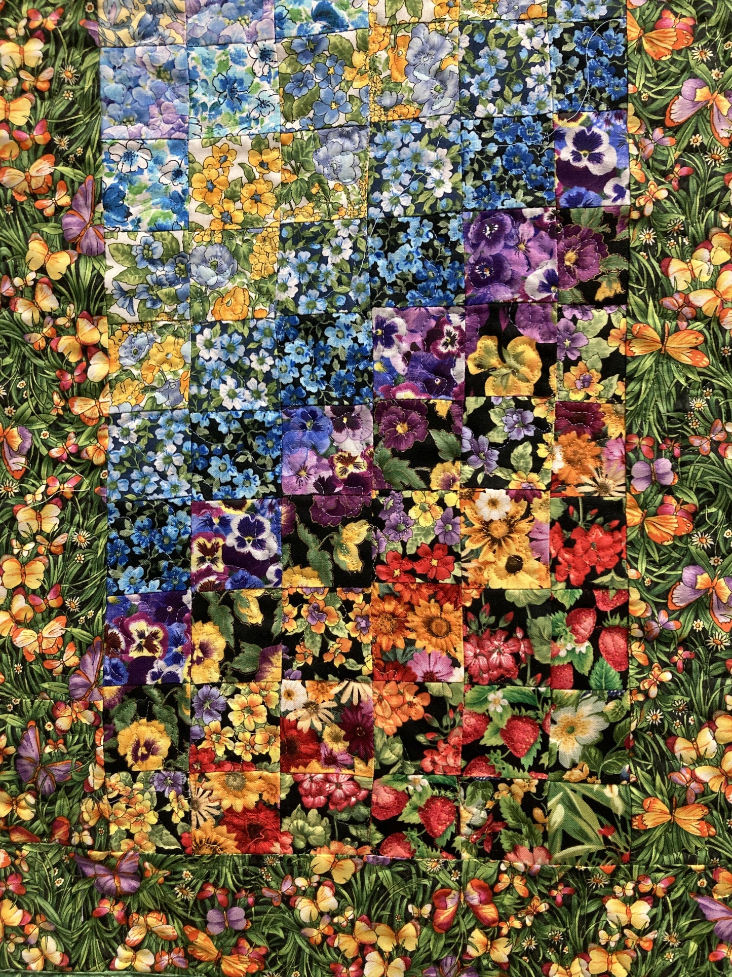 Art Quilt, Summer Flowers Sunny Garden Fabric Wall Hanging 14.5x34” Bedroom Living Room, Watercolor Tapestry, Vertical Quilted Handmade