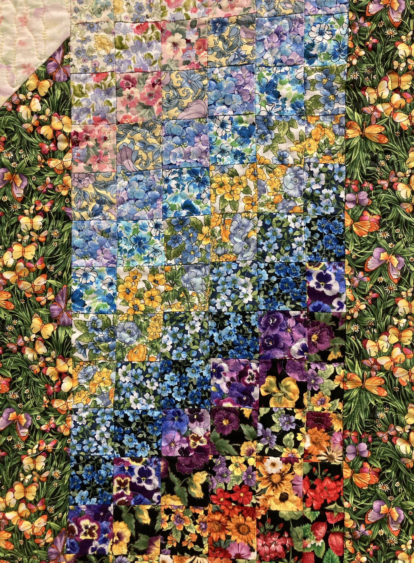 Art Quilt, Summer Flowers Sunny Garden Fabric Wall Hanging 14.5x34” Bedroom Living Room, Watercolor Tapestry, Vertical Quilted Handmade