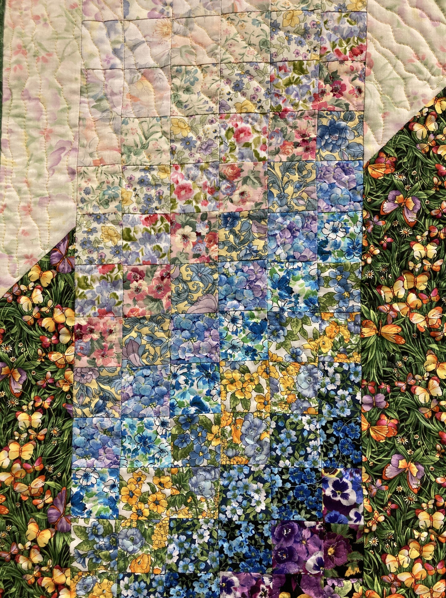 Art Quilt, Summer Flowers Sunny Garden Fabric Wall Hanging 14.5x34” Bedroom Living Room, Watercolor Tapestry, Vertical Quilted Handmade