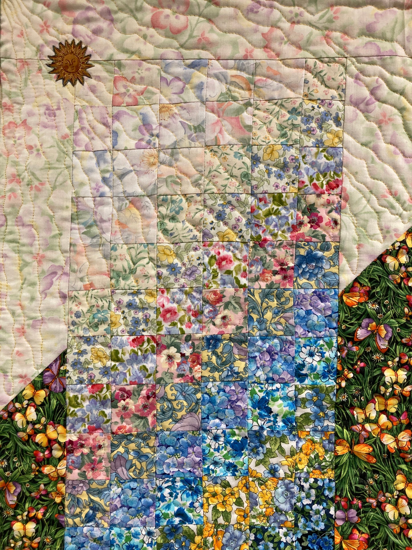 Art Quilt, Summer Flowers Sunny Garden Fabric Wall Hanging 14.5x34” Bedroom Living Room, Watercolor Tapestry, Vertical Quilted Handmade