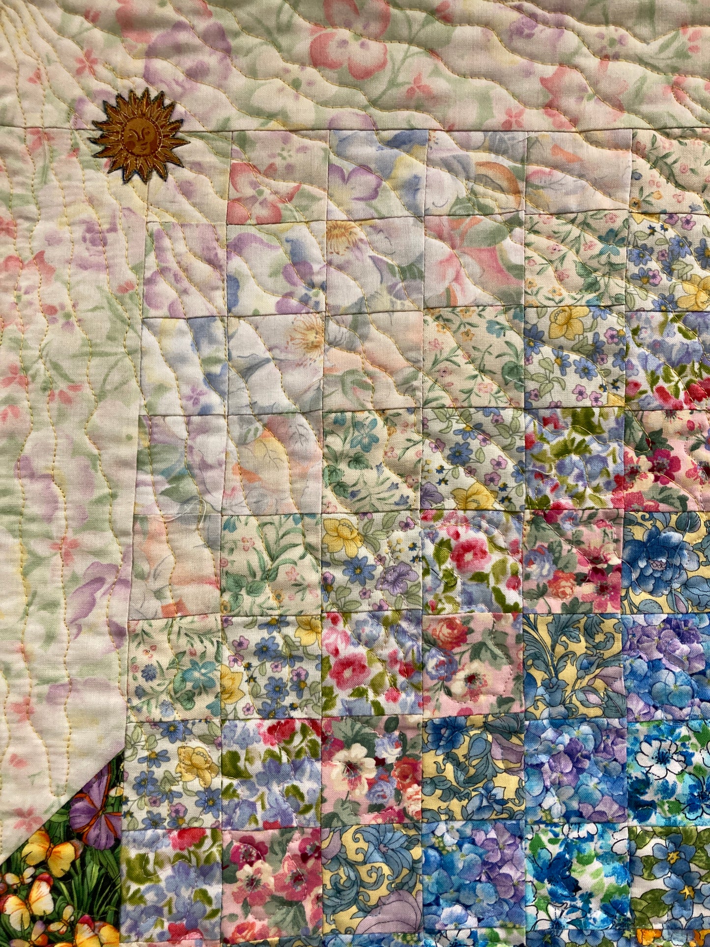 Art Quilt, Summer Flowers Sunny Garden Fabric Wall Hanging 14.5x34” Bedroom Living Room, Watercolor Tapestry, Vertical Quilted Handmade