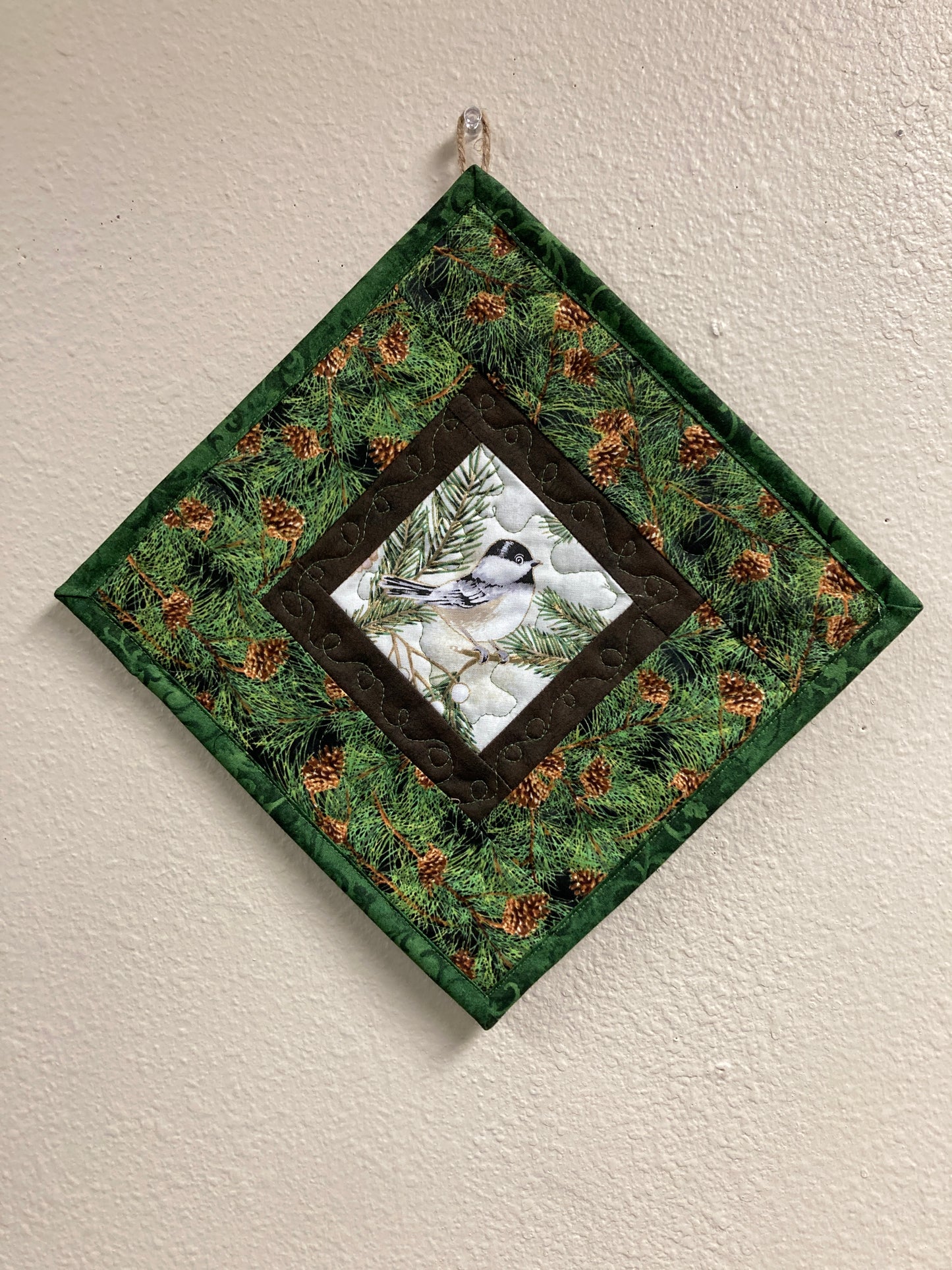Mountain Chickadees Pine Cones Bird Quilted Wall Hanging, 14x14", Diagonal Rustic Cabin Decor, Bird Lover Gift, Woodland Art Handmade