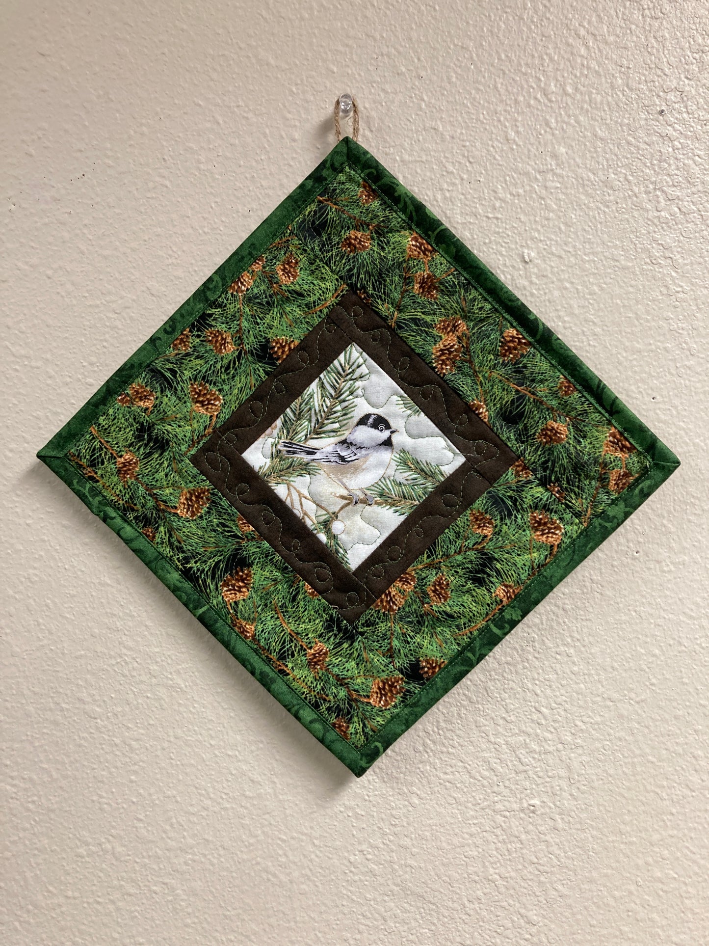 Mountain Chickadees Pine Cones Bird Quilted Wall Hanging, 14x14", Diagonal Rustic Cabin Decor, Bird Lover Gift, Woodland Art Handmade