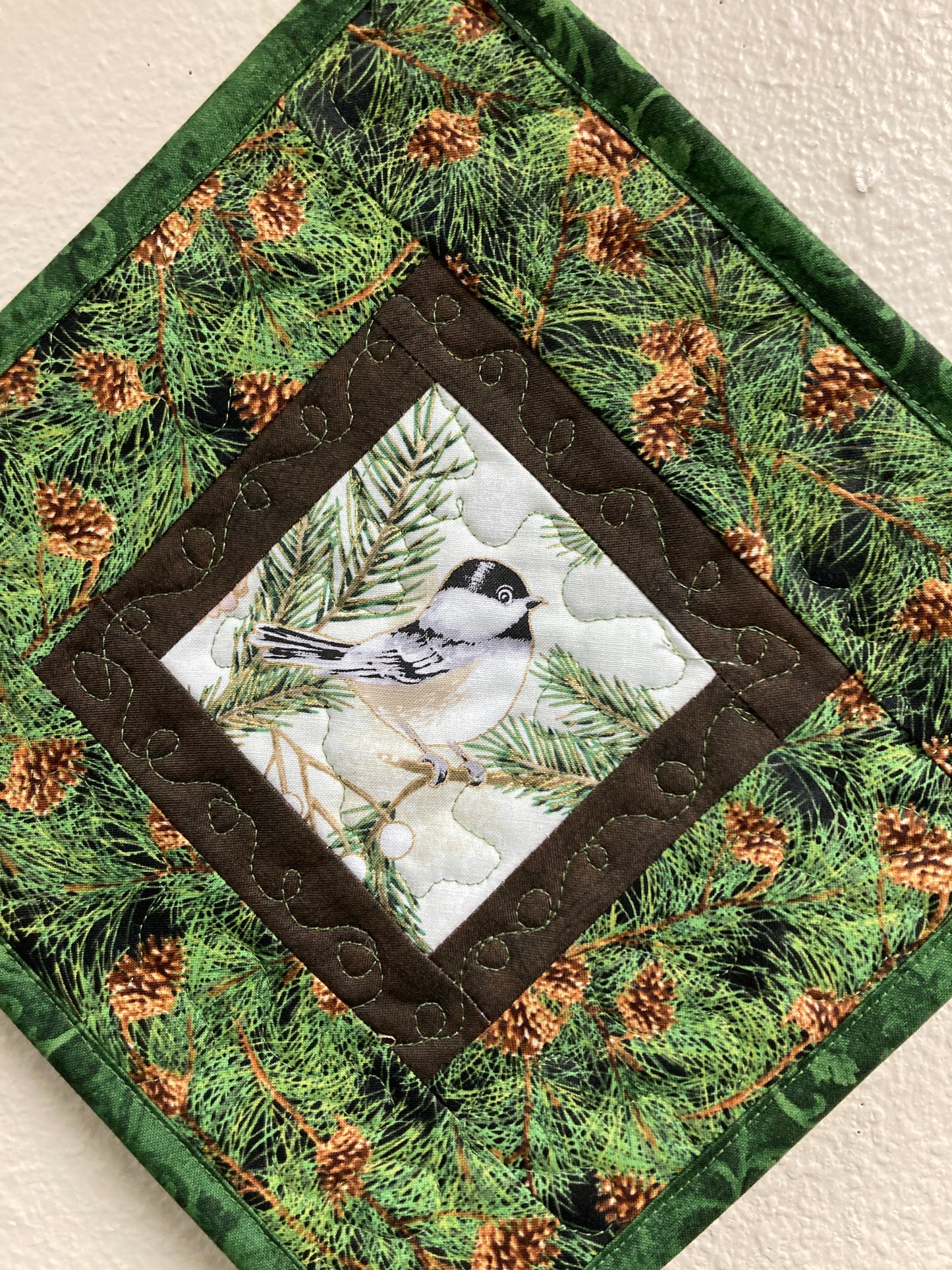 Mountain Chickadees Pine Cones Bird Quilted Wall Hanging, 14x14", Diagonal Rustic Cabin Decor, Bird Lover Gift, Woodland Art Handmade