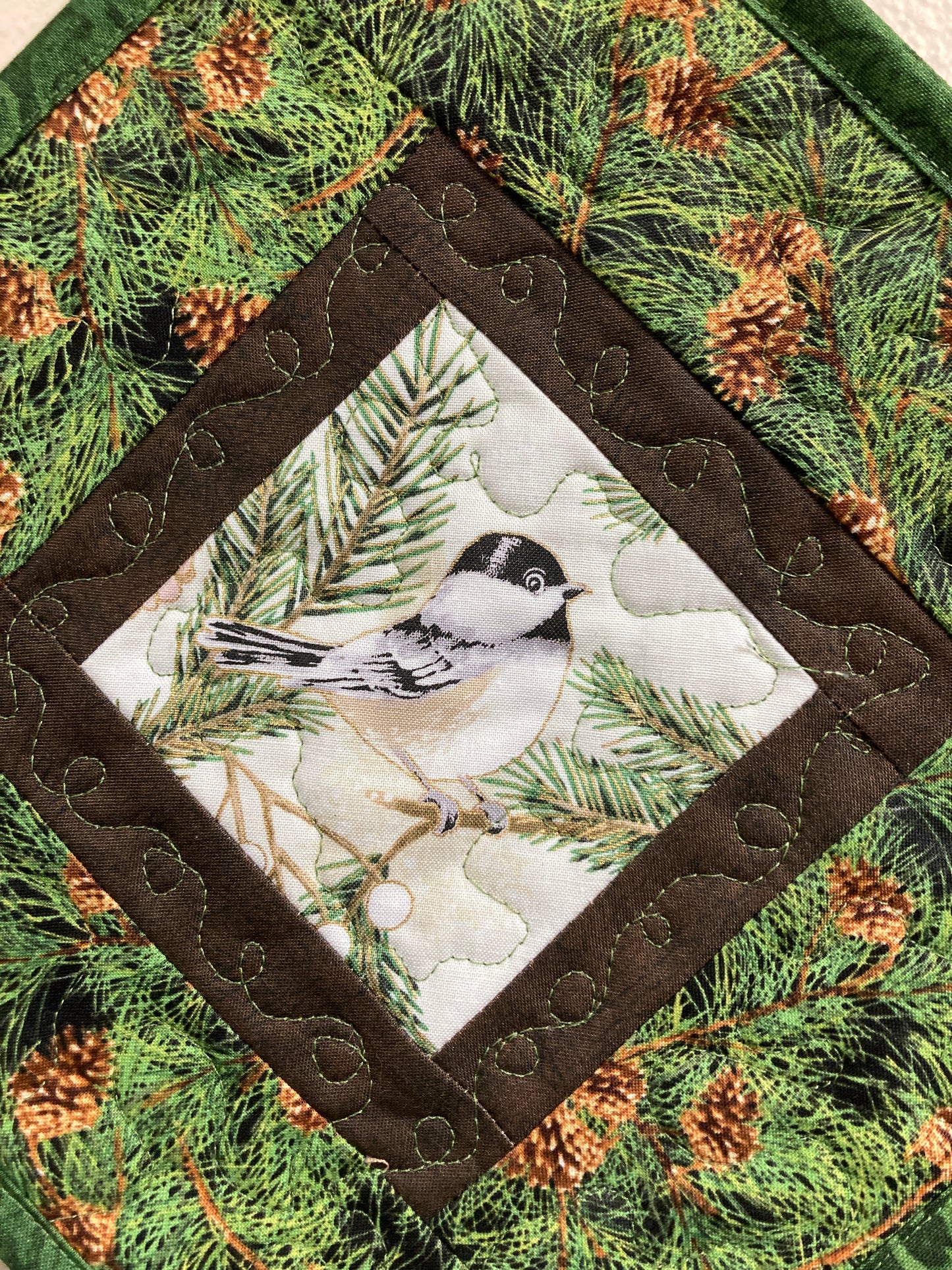 Mountain Chickadees Pine Cones Bird Quilted Wall Hanging, 14x14", Diagonal Rustic Cabin Decor, Bird Lover Gift, Woodland Art Handmade