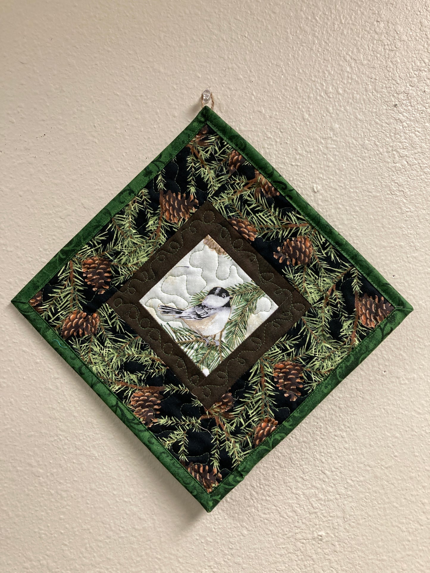 Mountain Chickadees Pine Cones Bird Quilted Wall Hanging, 14x14", Diagonal Rustic Cabin Decor, Bird Lover Gift, Woodland Art Handmade