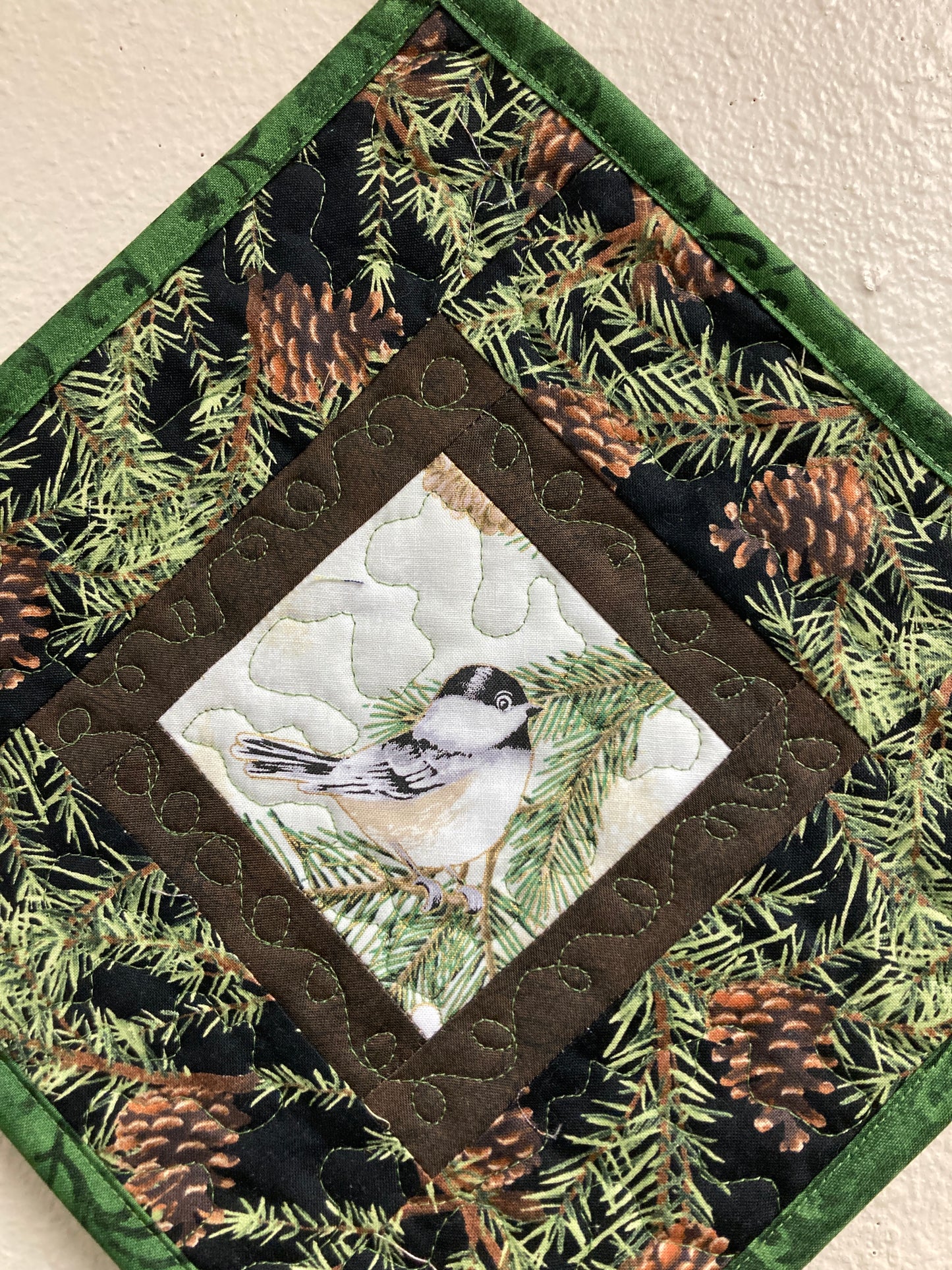 Mountain Chickadees Pine Cones Bird Quilted Wall Hanging, 14x14", Diagonal Rustic Cabin Decor, Bird Lover Gift, Woodland Art Handmade