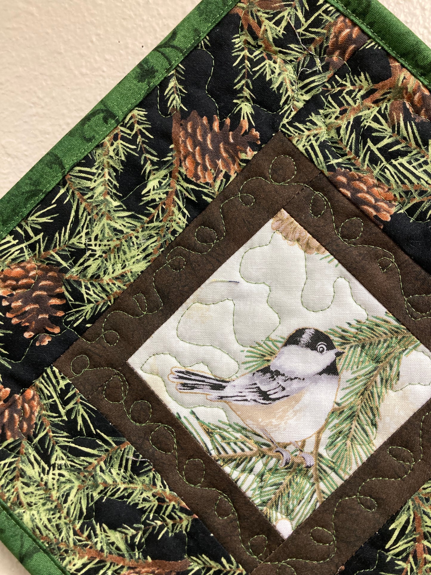 Mountain Chickadees Pine Cones Bird Quilted Wall Hanging, 14x14", Diagonal Rustic Cabin Decor, Bird Lover Gift, Woodland Art Handmade