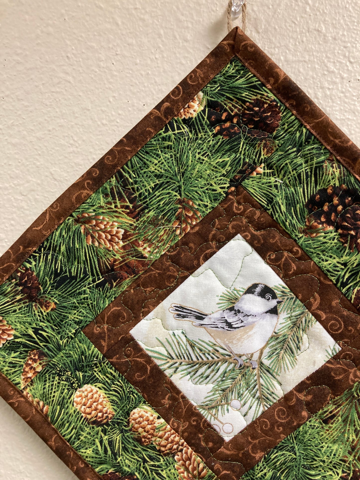 Mountain Chickadees Pine Cones Bird Quilted Wall Hanging, 14x14", Diagonal Rustic Cabin Decor, Bird Lover Gift, Woodland Art Handmade