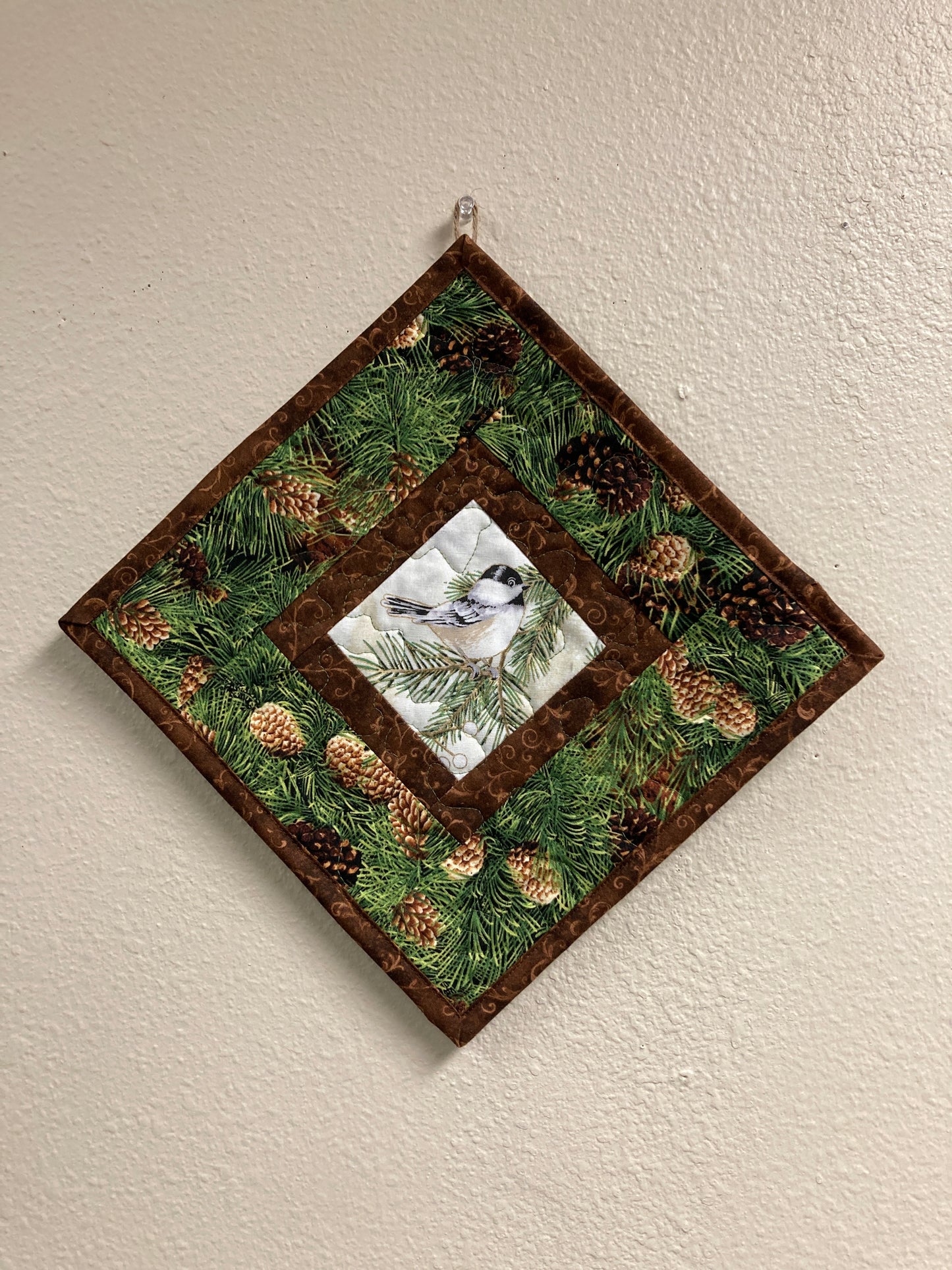 Mountain Chickadees Pine Cones Bird Quilted Wall Hanging, 14x14", Diagonal Rustic Cabin Decor, Bird Lover Gift, Woodland Art Handmade