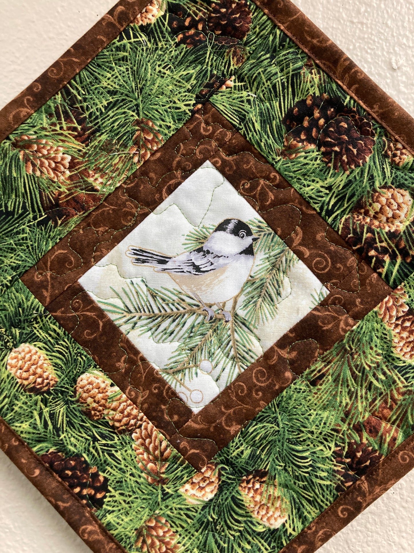 Mountain Chickadees Pine Cones Bird Quilted Wall Hanging, 14x14", Diagonal Rustic Cabin Decor, Bird Lover Gift, Woodland Art Handmade