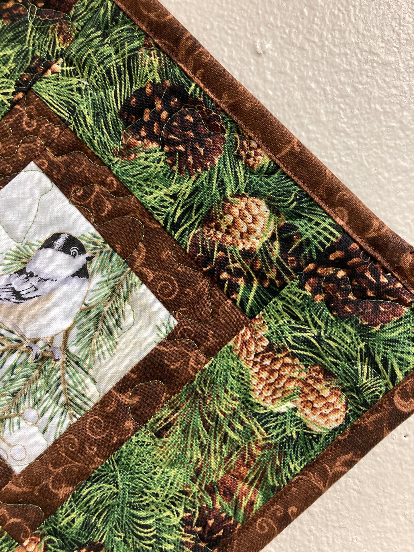 Mountain Chickadees Pine Cones Bird Quilted Wall Hanging, 14x14", Diagonal Rustic Cabin Decor, Bird Lover Gift, Woodland Art Handmade