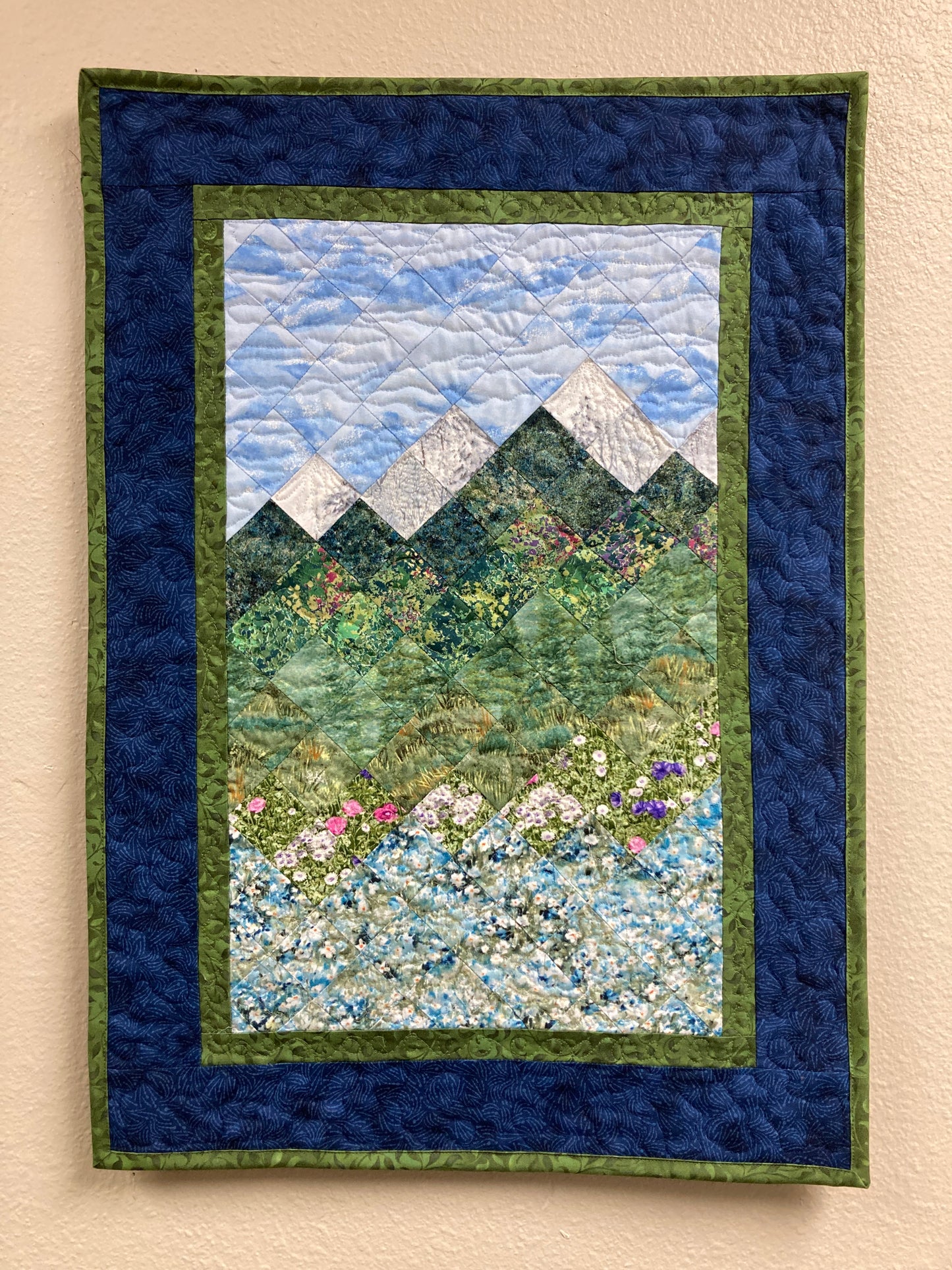 Summer Misty Blue Meadow Mountain Art Quilt Tapestry, Fabric Wall Hanging, 18x25” Vertical Forest Mountain Scenic Original Artwork Handmade