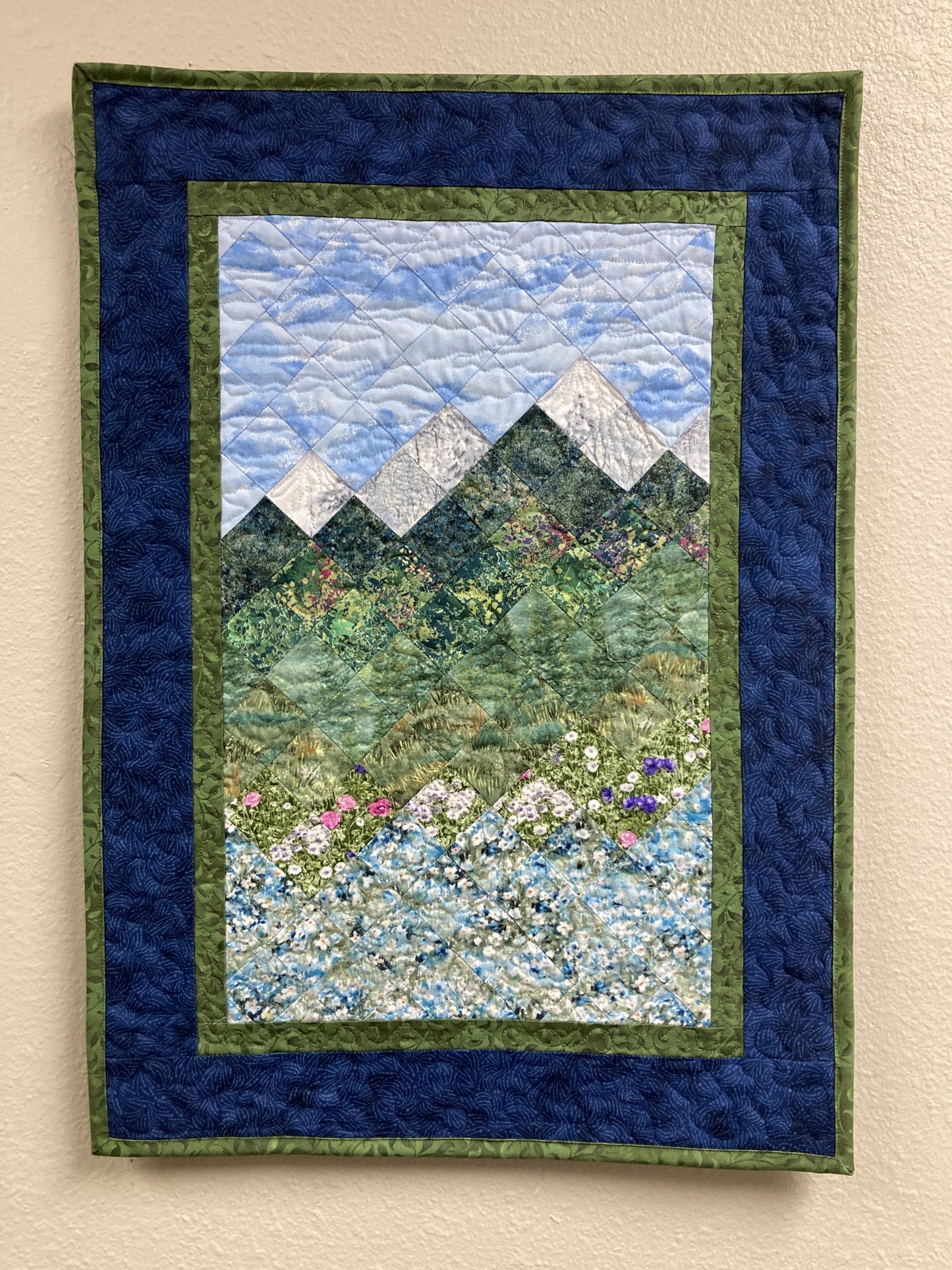 Summer Misty Blue Meadow Mountain Art Quilt Tapestry, Fabric Wall Hanging, 18x25” Vertical Forest Mountain Scenic Original Artwork Handmade
