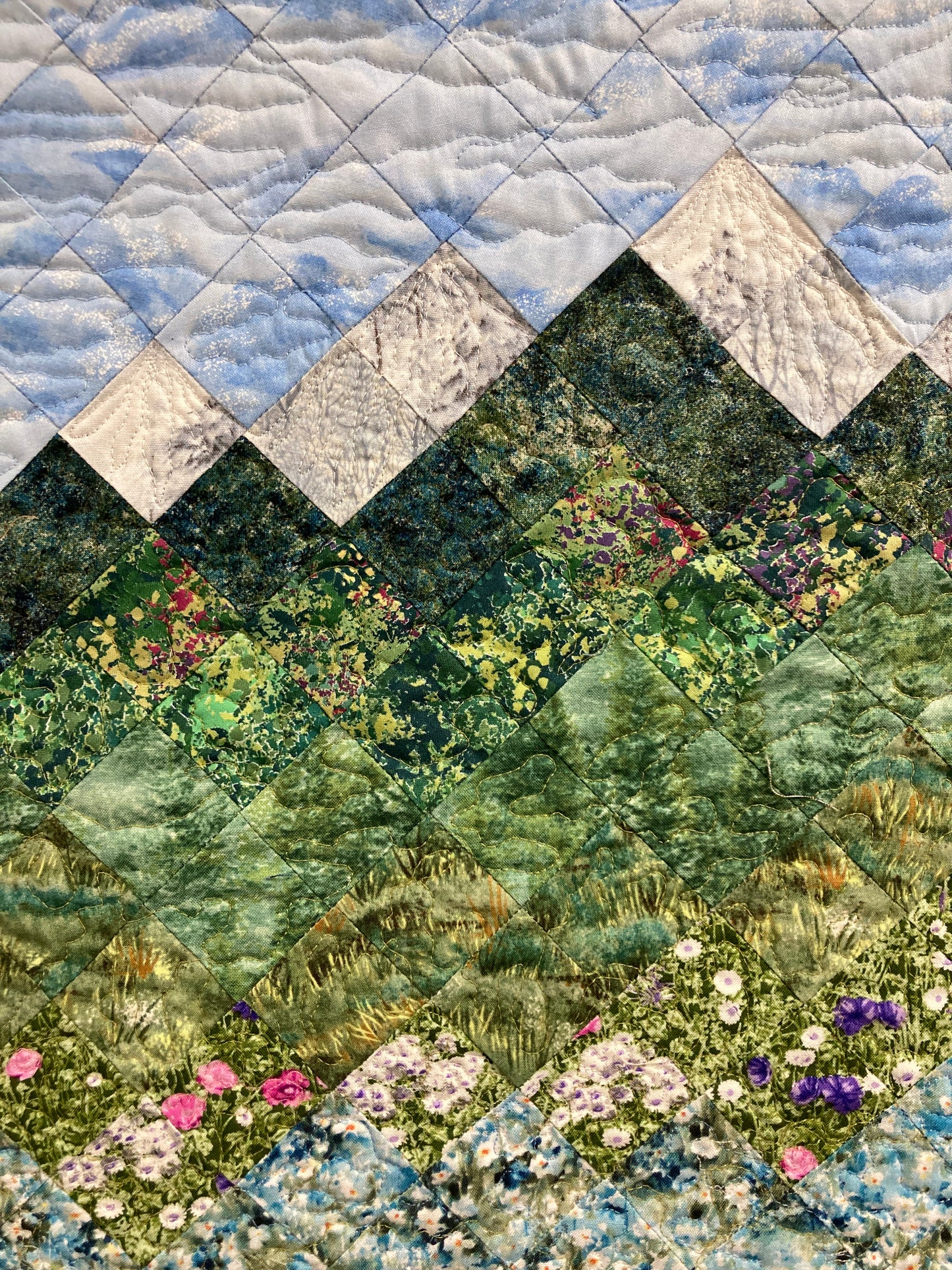 Summer Misty Blue Meadow Mountain Art Quilt Tapestry, Fabric Wall Hanging, 18x25” Vertical Forest Mountain Scenic Original Artwork Handmade