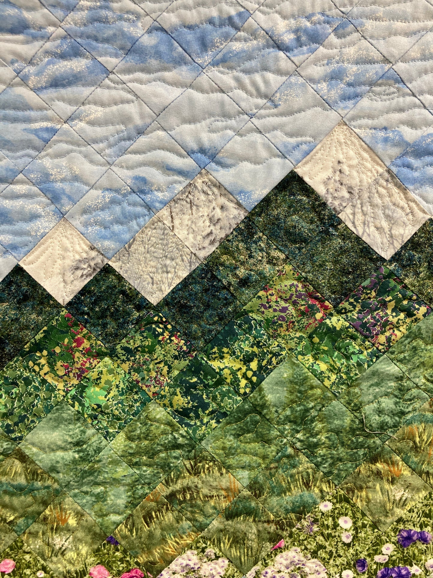 Summer Misty Blue Meadow Mountain Art Quilt Tapestry, Fabric Wall Hanging, 18x25” Vertical Forest Mountain Scenic Original Artwork Handmade