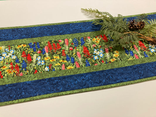 Quilted Table Runner Summer Texas Wildflowers, 13x72" Yellow Red Blue Flowers, Dining Room Coffee Table Runner, Garden Floral Everyday