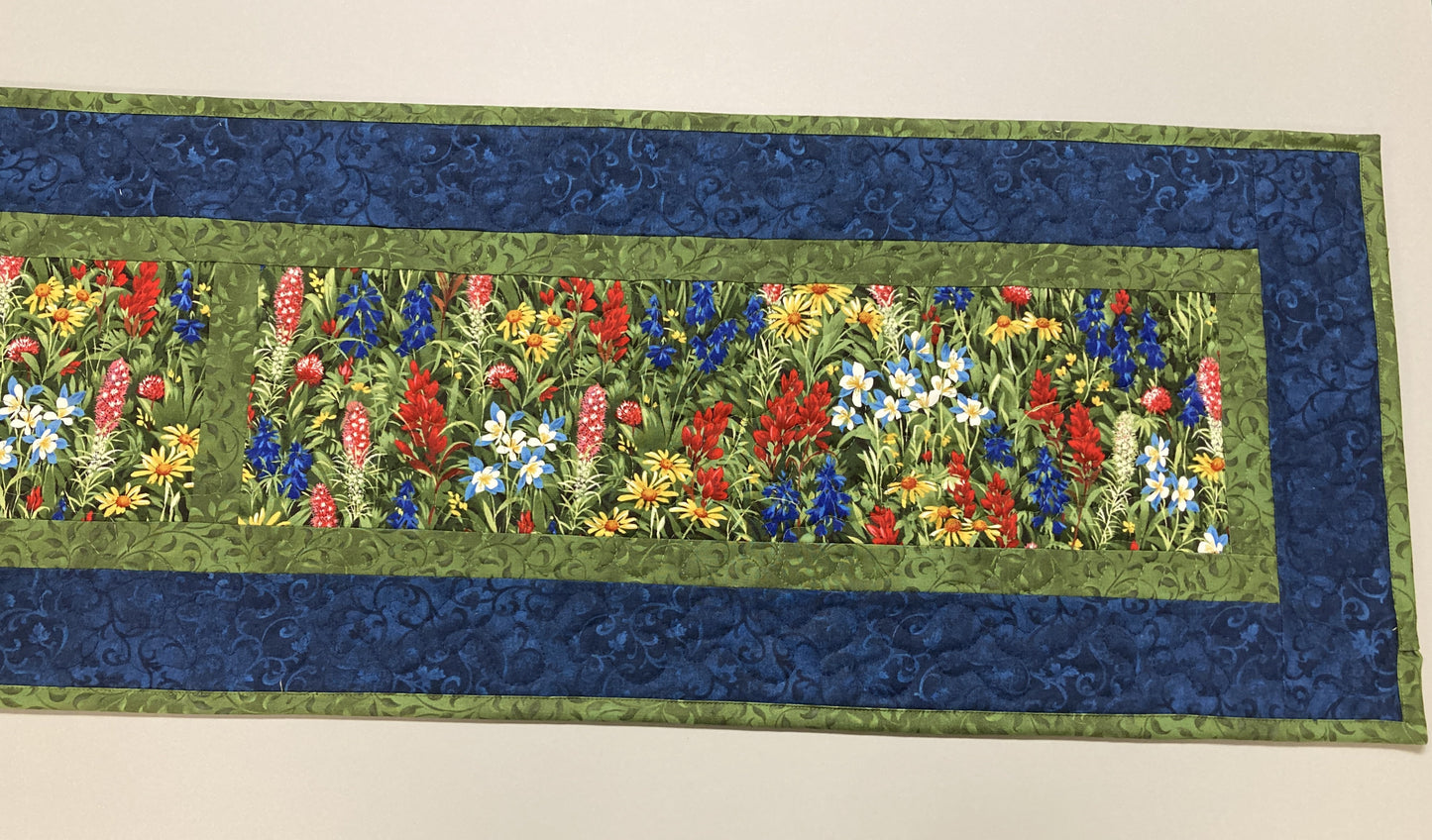 Quilted Table Runner Summer Texas Wildflowers, 13x72" Yellow Red Blue Flowers, Dining Room Coffee Table Runner, Garden Floral Everyday