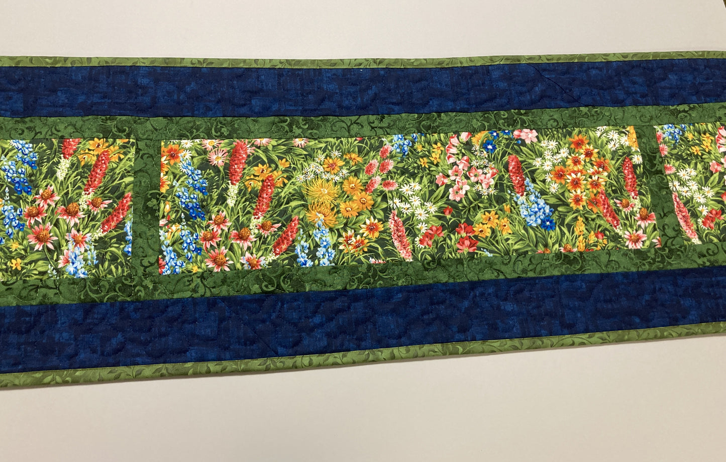 Summer Wildflowers Quilted Table Runner, 13x72" Yellow Red Blue Flowers, Dining Room Coffee Table Runner, Garden Floral Everyday Reversible