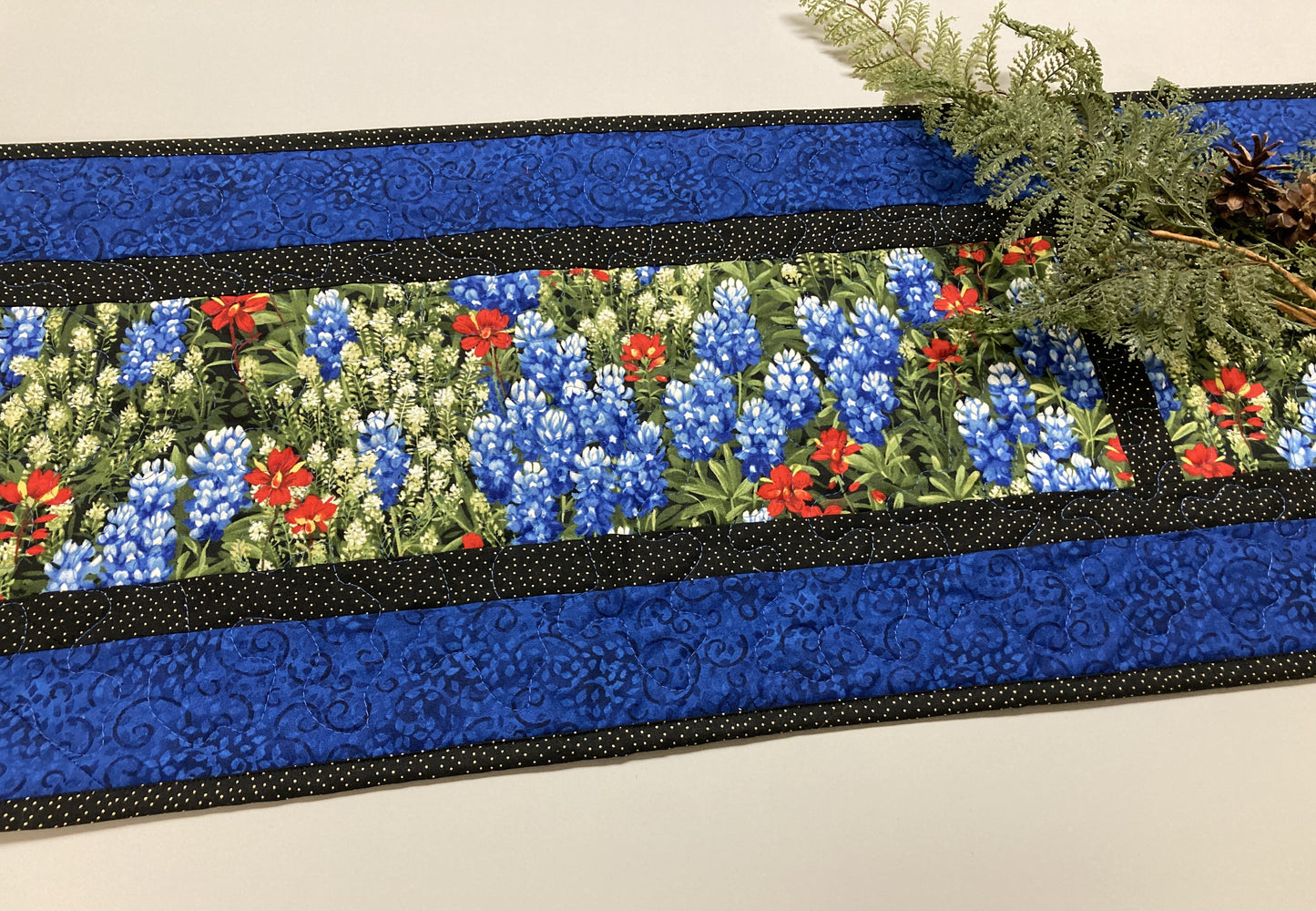 Texas Bluebonnets Red Summer Dining Table Runner, 13x72" Quilted Reversible, Coffee Table Dresser Scarf, Wildflower Garden Blue Red Handmade