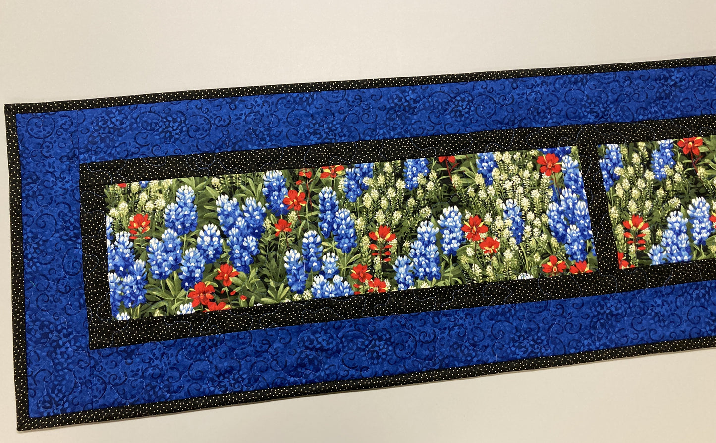 Texas Bluebonnets Red Summer Dining Table Runner, 13x72" Quilted Reversible, Coffee Table Dresser Scarf, Wildflower Garden Blue Red Handmade