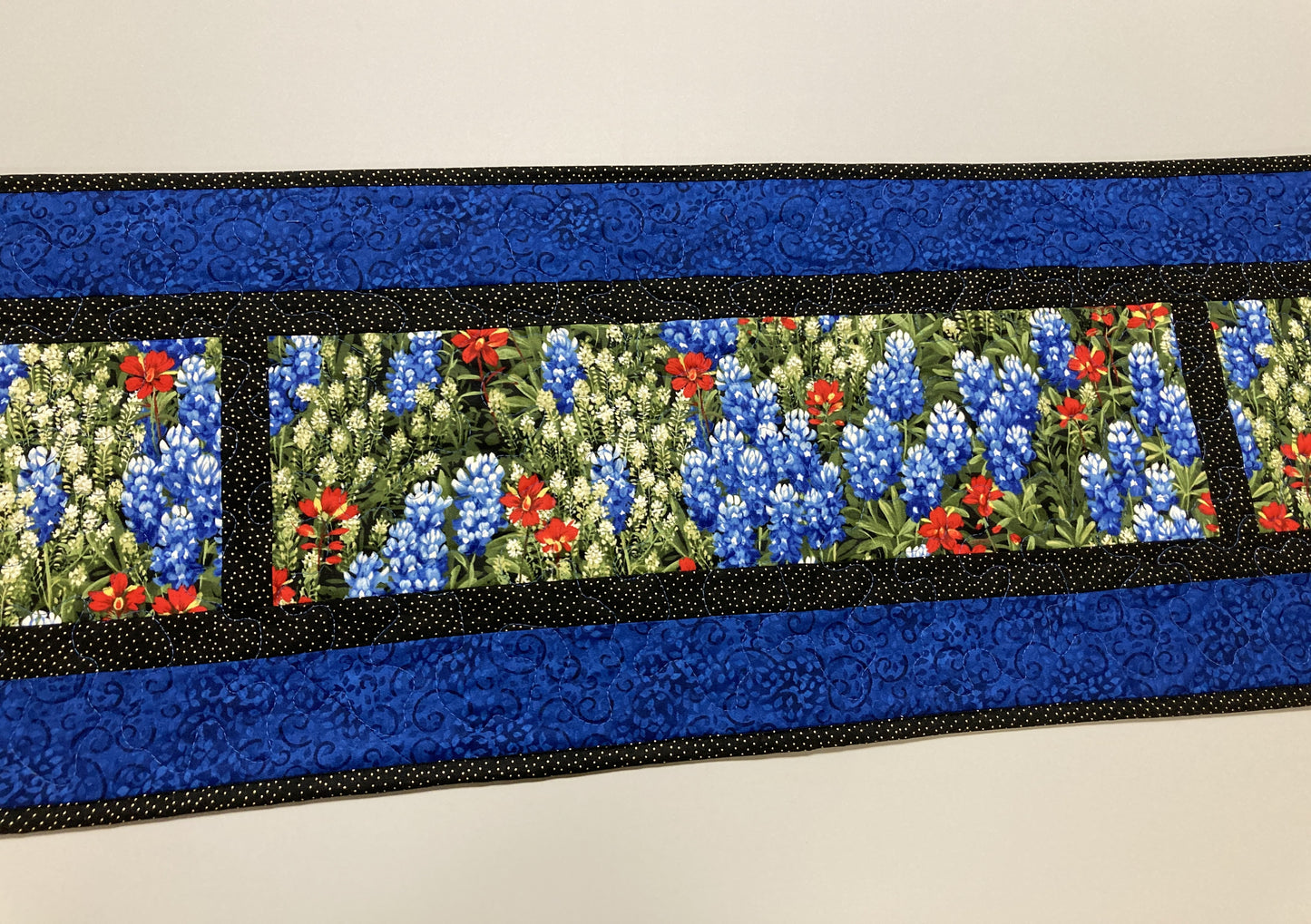 Texas Bluebonnets Red Summer Dining Table Runner, 13x72" Quilted Reversible, Coffee Table Dresser Scarf, Wildflower Garden Blue Red Handmade