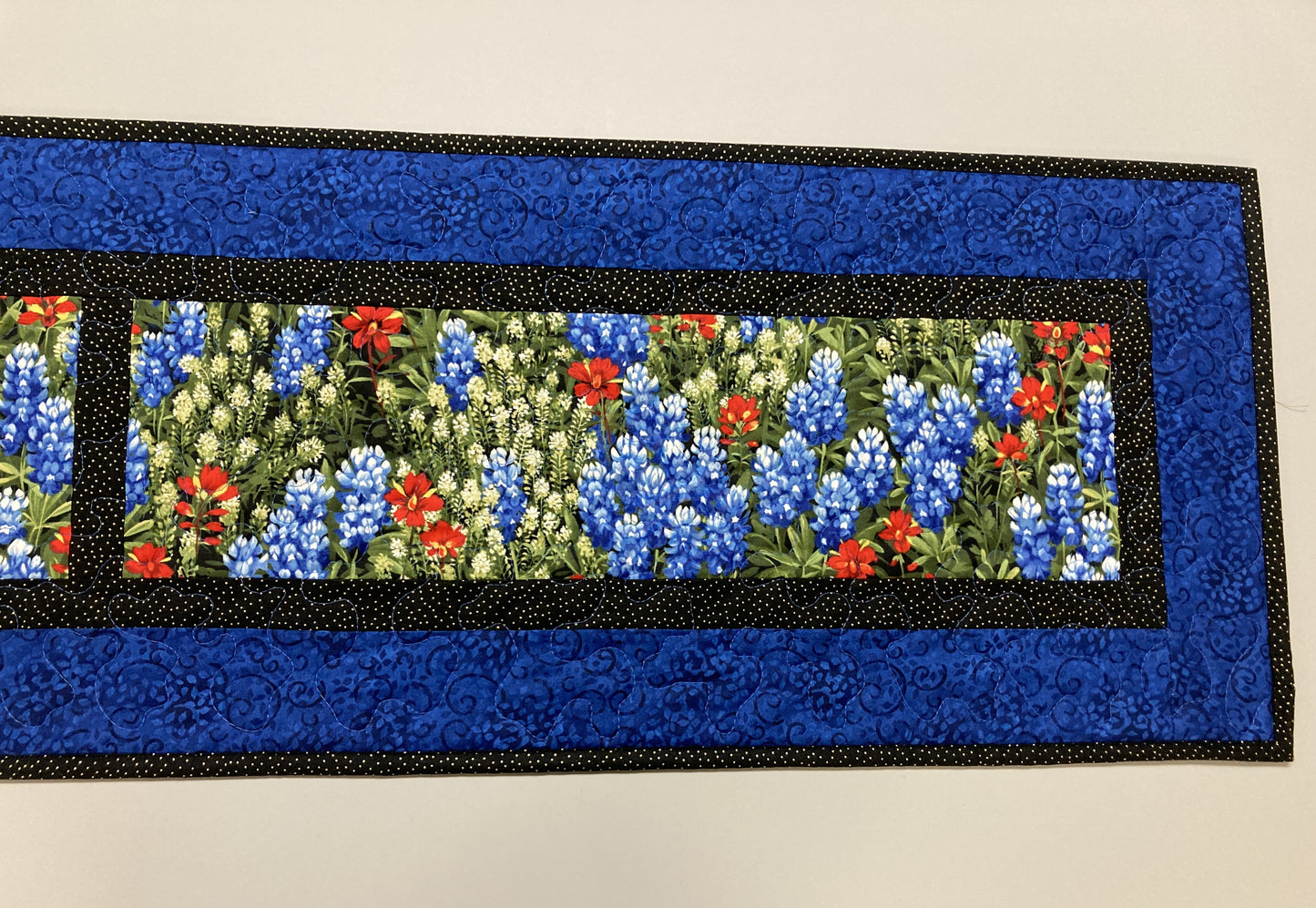 Texas Bluebonnets Red Summer Dining Table Runner, 13x72" Quilted Reversible, Coffee Table Dresser Scarf, Wildflower Garden Blue Red Handmade