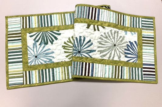 Minimalist Modern Quilted Table Runner, Blue Green Starburst Stripes, 14x48, Reversible, Dining Coffee Table Handmade Seaside Coastal Decor