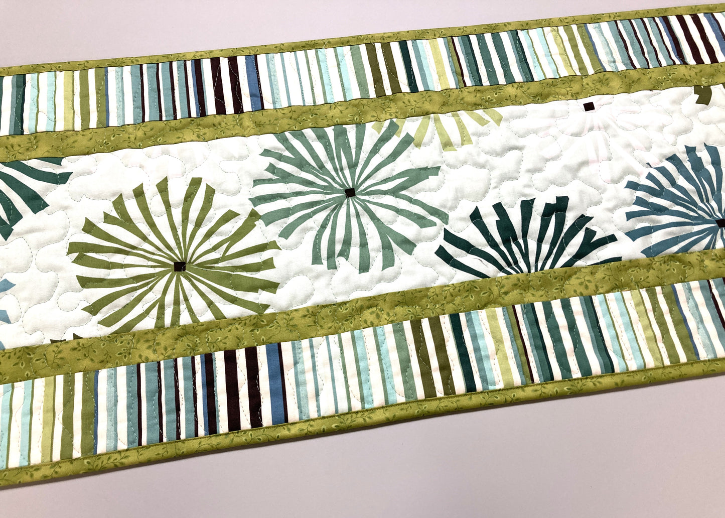 Minimalist Modern Quilted Table Runner, Blue Green Starburst Stripes, 14x48, Reversible, Dining Coffee Table Handmade Seaside Coastal Decor