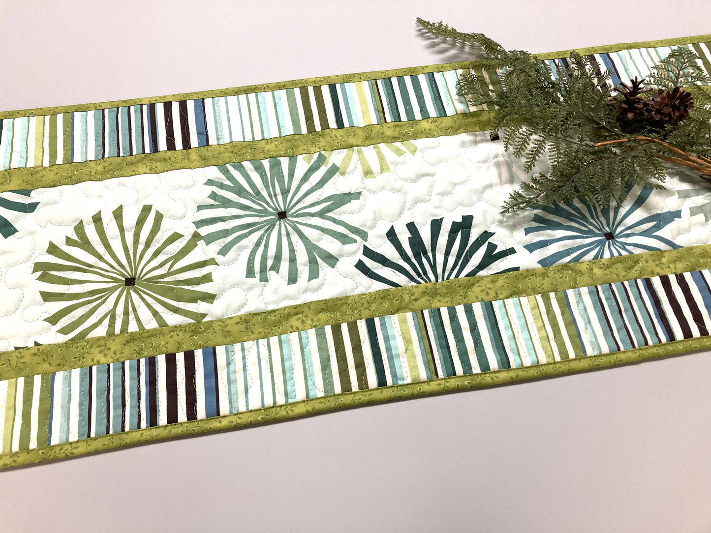 Minimalist Modern Quilted Table Runner, Blue Green Starburst Stripes, 14x48, Reversible, Dining Coffee Table Handmade Seaside Coastal Decor