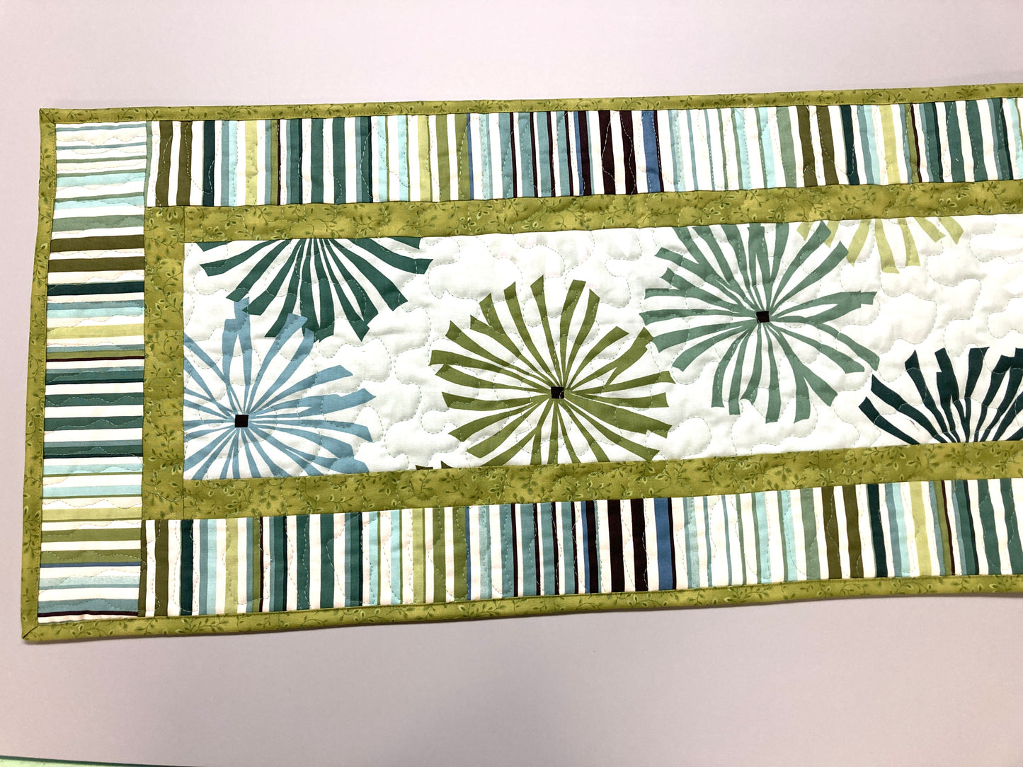 Minimalist Modern Quilted Table Runner, Blue Green Starburst Stripes, 14x48, Reversible, Dining Coffee Table Handmade Seaside Coastal Decor