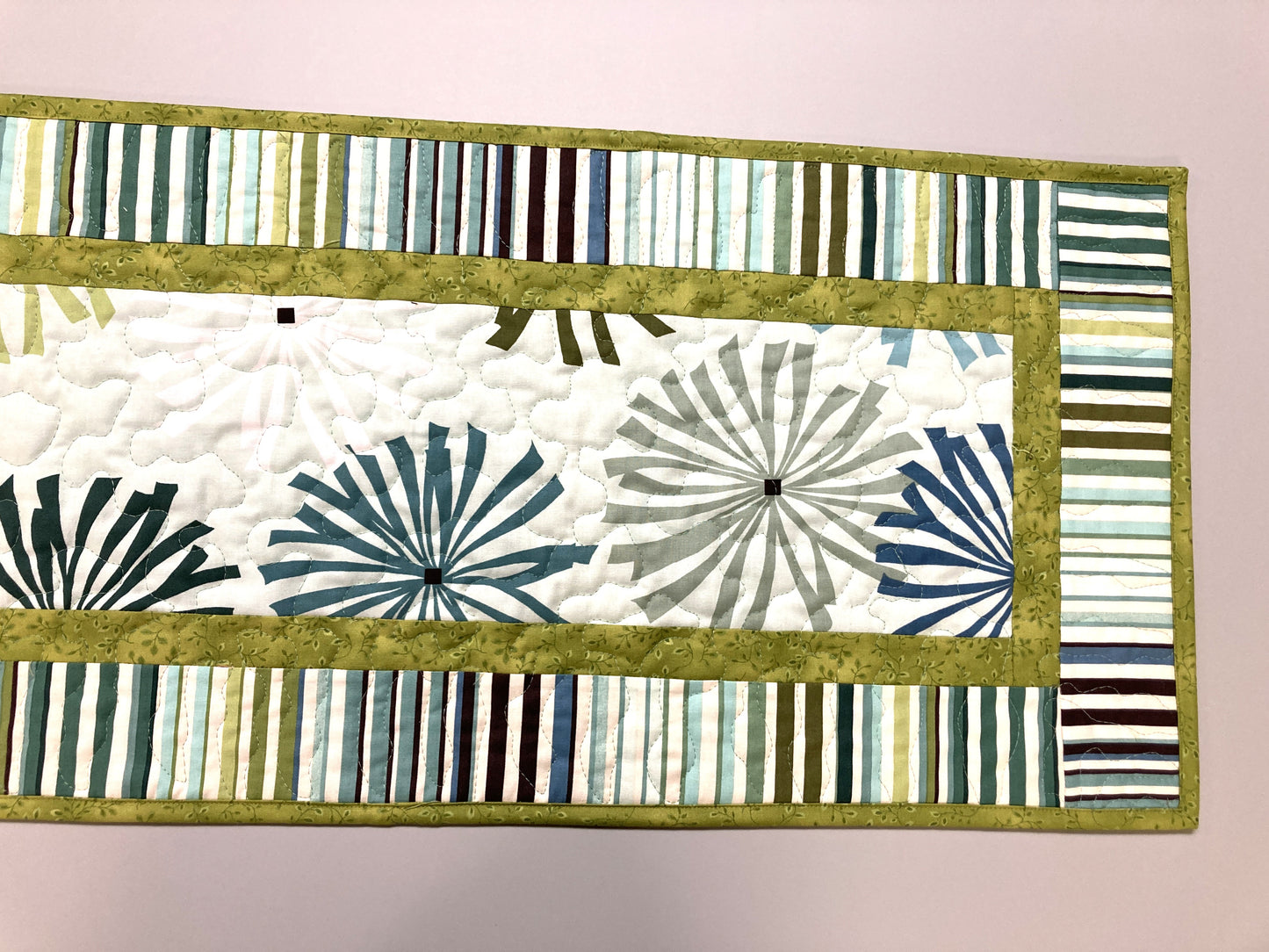 Minimalist Modern Quilted Table Runner, Blue Green Starburst Stripes, 14x48, Reversible, Dining Coffee Table Handmade Seaside Coastal Decor
