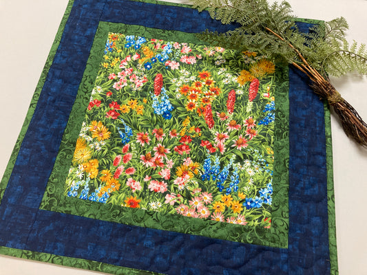 Summer Wildflowers Quilted Table Topper, Reversible Table Mat, 20x20" Coffee Table End Table Nightstand, Large Square Spring Decor Handmade