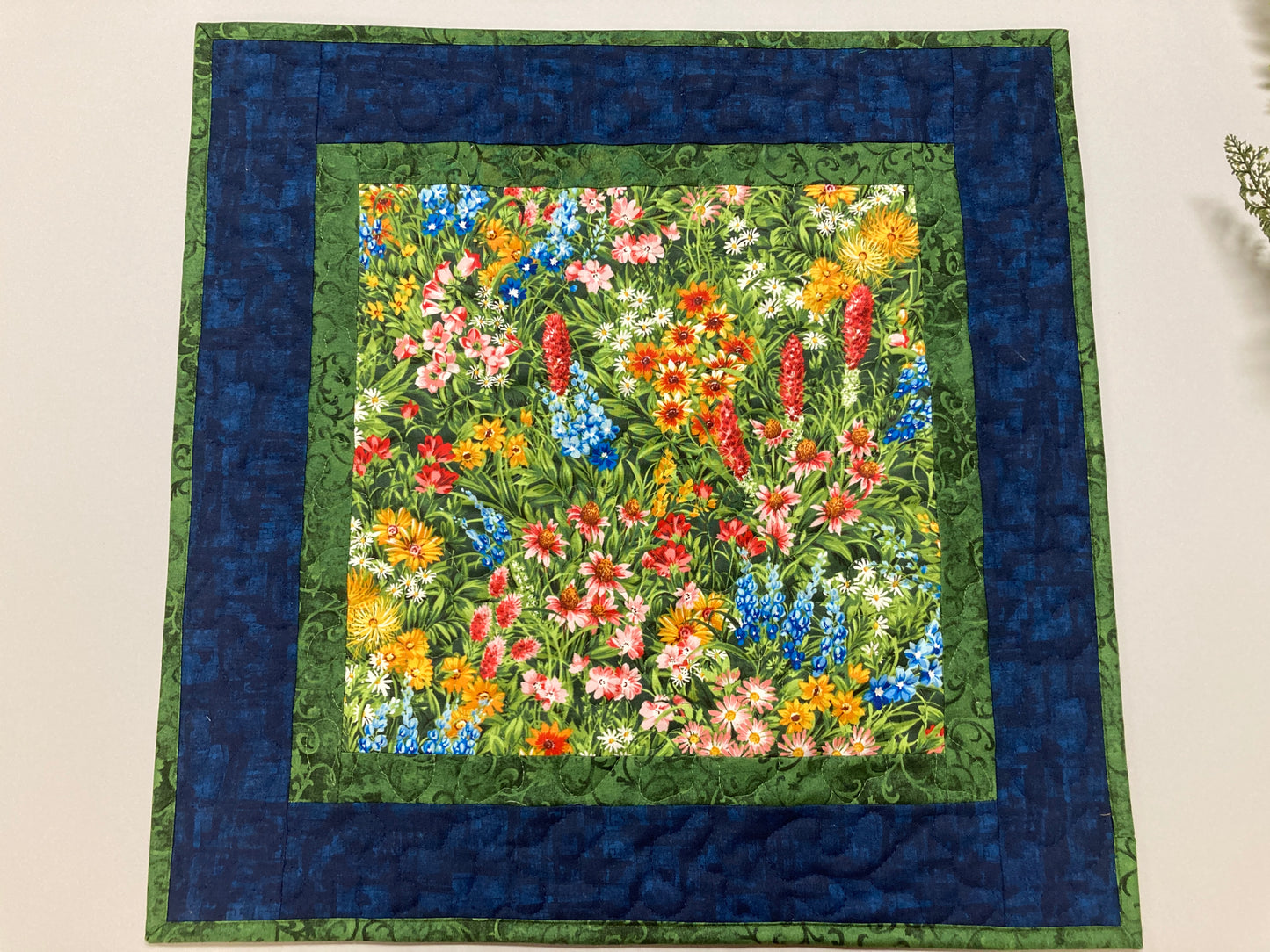 Summer Wildflowers Quilted Table Topper, Reversible Table Mat, 20x20" Coffee Table End Table Nightstand, Large Square Spring Decor Handmade