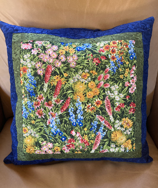 Summer Wildflowers Decorative Throw Pillow 20x20" Cotton, Sofa Bed Chair or Bench, Bluebonnets Asters Pink and Orange Garden Blooms Handmade