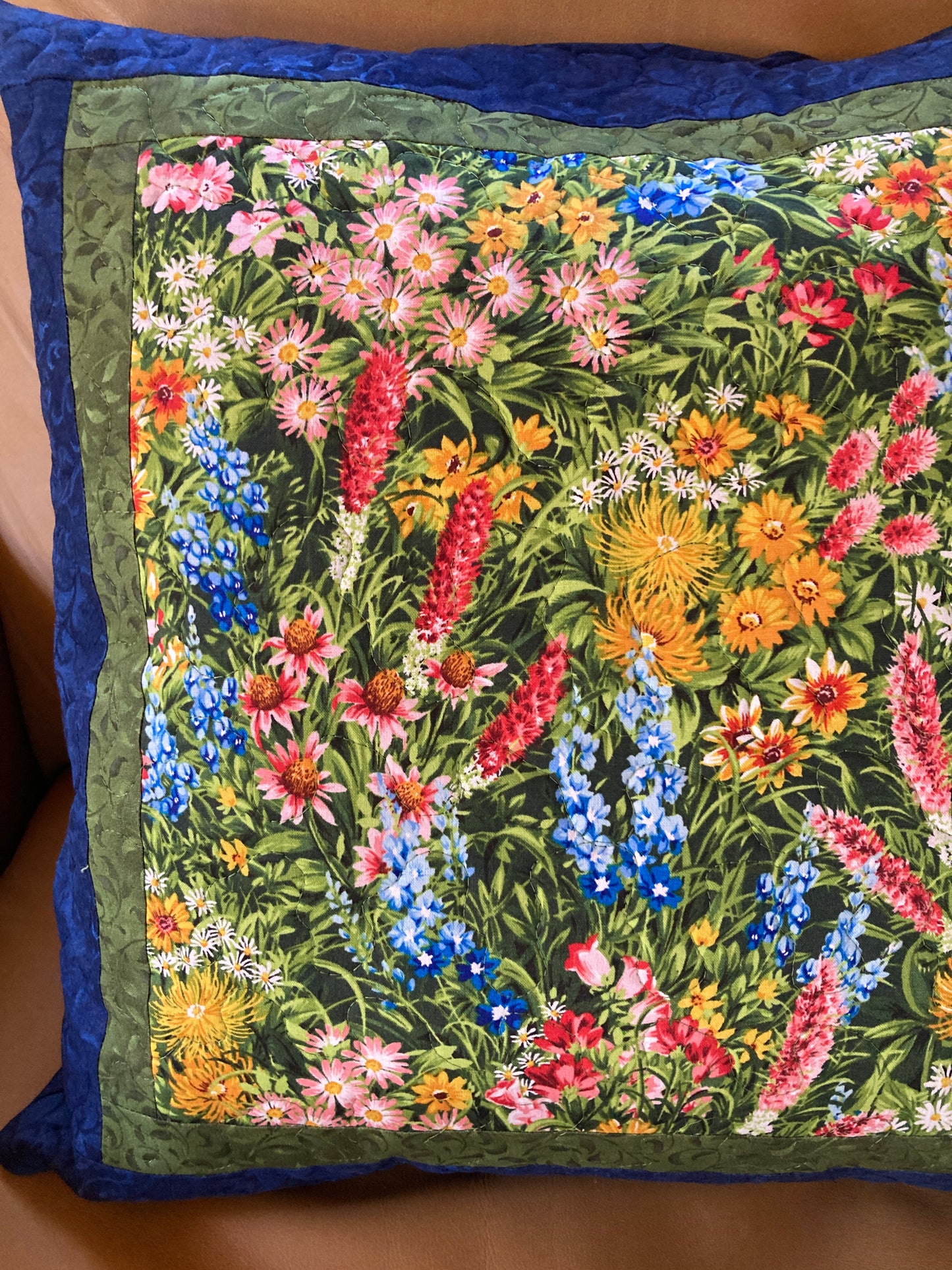Summer Wildflowers Decorative Throw Pillow 20x20" Cotton, Sofa Bed Chair or Bench, Bluebonnets Asters Pink and Orange Garden Blooms Handmade