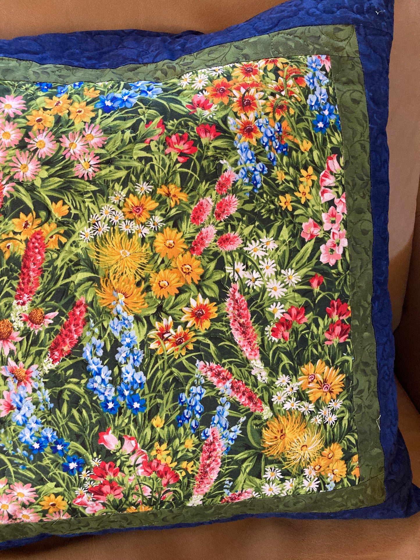 Summer Wildflowers Decorative Throw Pillow 20x20" Cotton, Sofa Bed Chair or Bench, Bluebonnets Asters Pink and Orange Garden Blooms Handmade