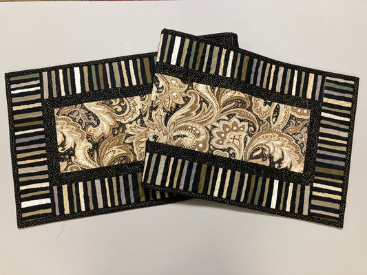 Minimalist Brown Tan Paisley Quilted Dining Coffee Table Runner, 13x48" Reversible Fall, Elegant Stripes, Handmade Midcentury Modern